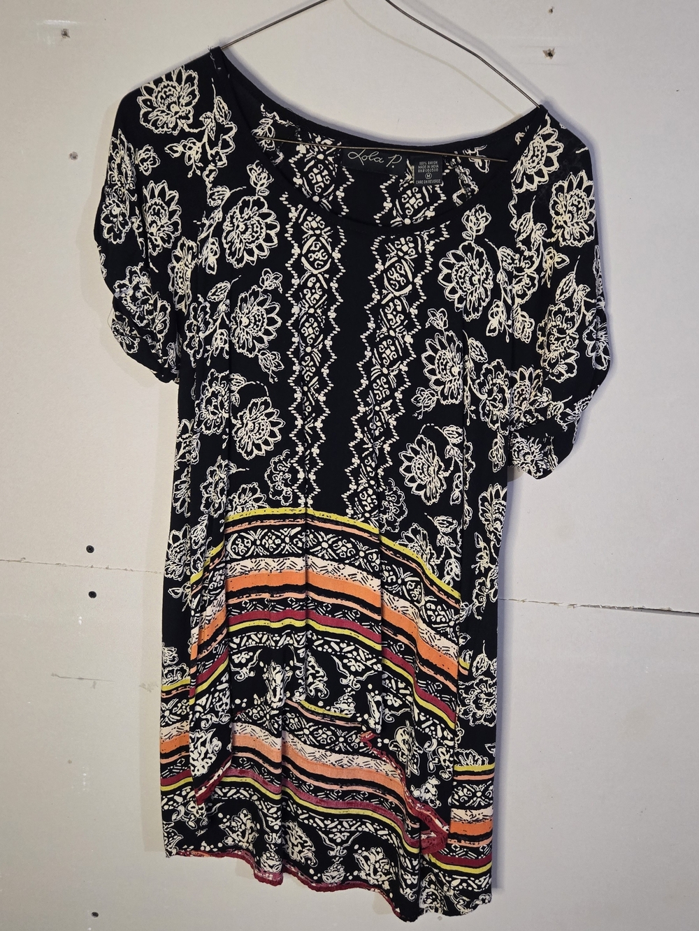 lola Black Floral Boho Tunic with Orange and Yellow Stripes